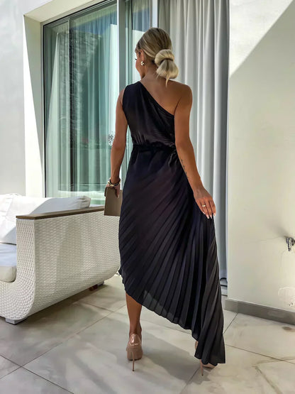 Dame Plisseret One-Shoulder Sommer Midi Kjole