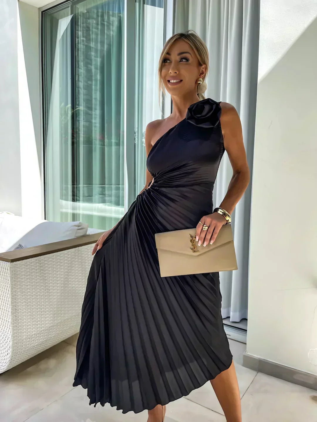 Dame Plisseret One-Shoulder Sommer Midi Kjole