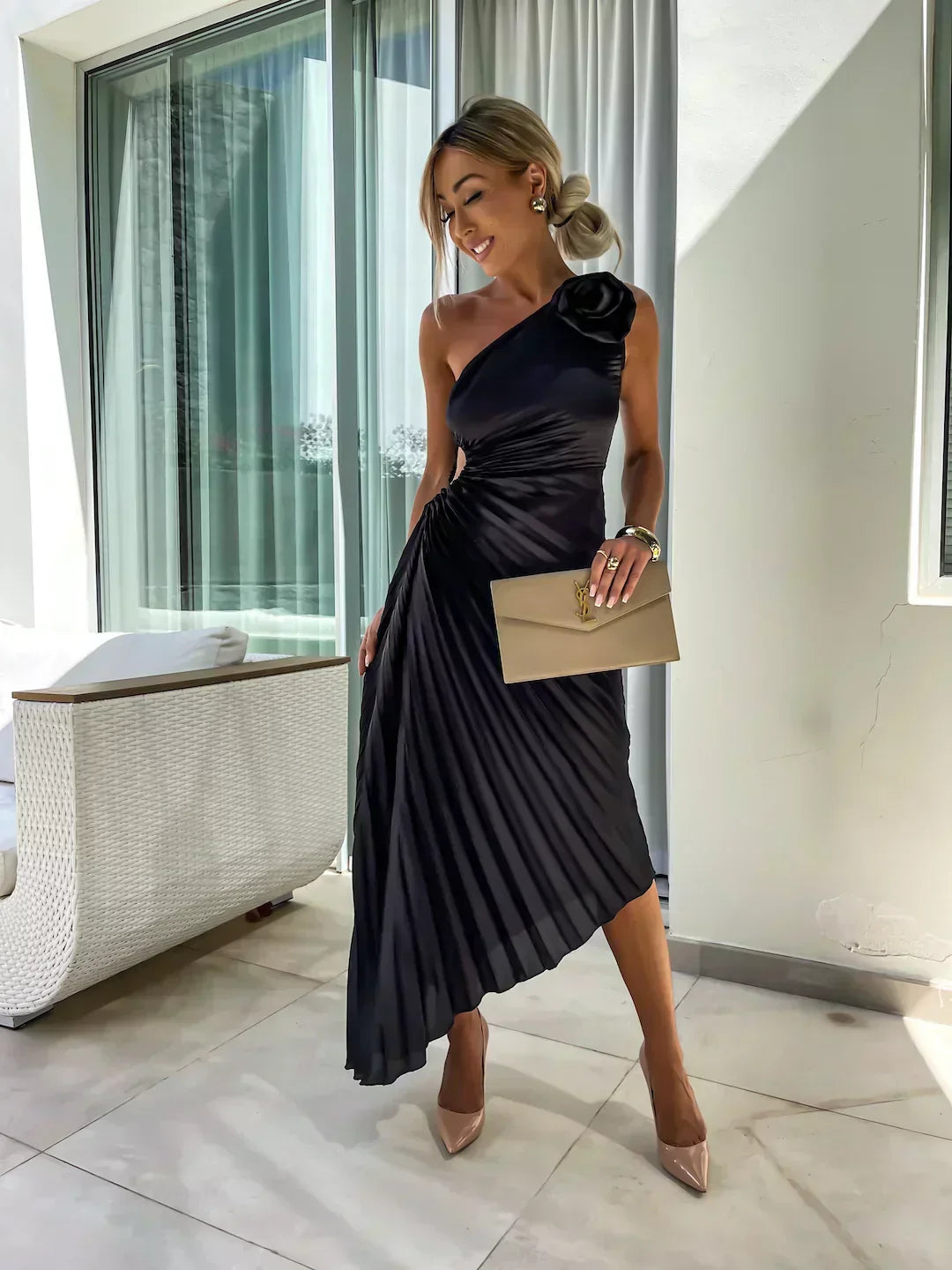 Dame Plisseret One-Shoulder Sommer Midi Kjole