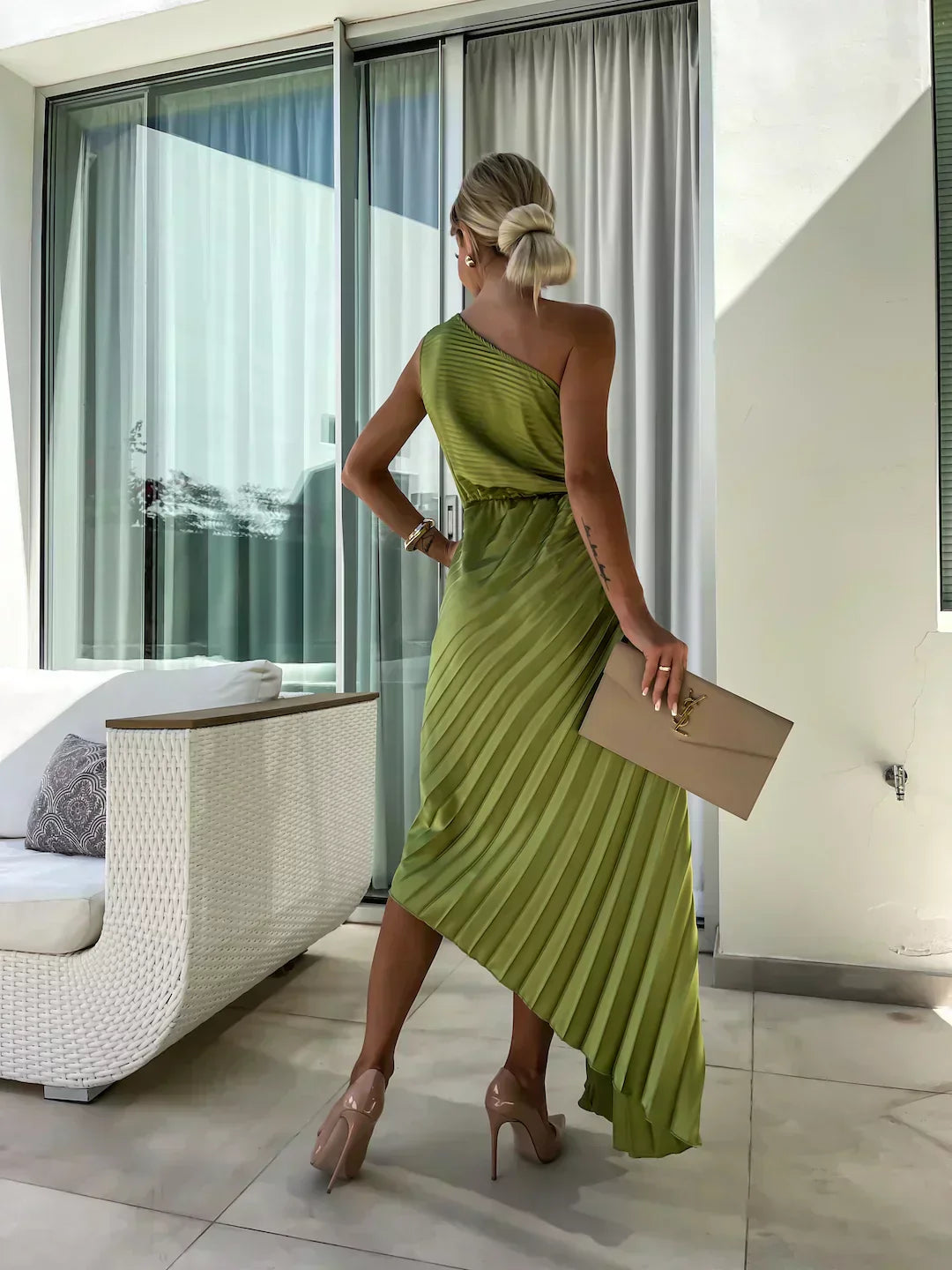 Dame Plisseret One-Shoulder Sommer Midi Kjole