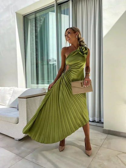 Dame Plisseret One-Shoulder Sommer Midi Kjole