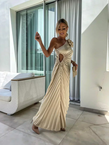 Dame Plisseret One-Shoulder Sommer Midi Kjole