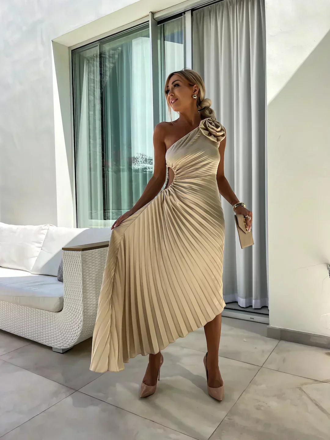 Dame Plisseret One-Shoulder Sommer Midi Kjole
