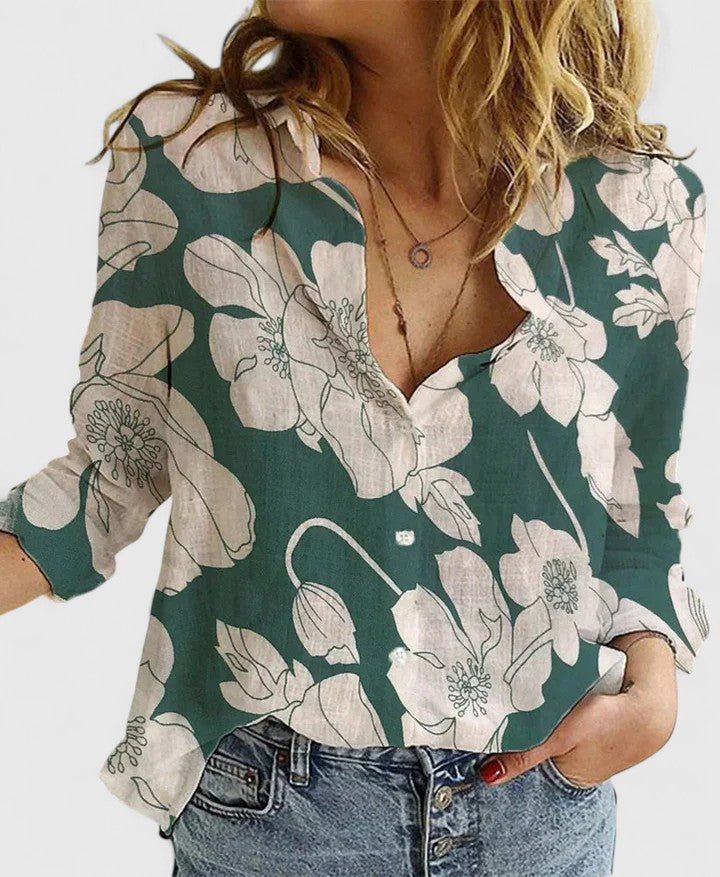 Dame Elegant Hør V-Hals Knappet Bluse