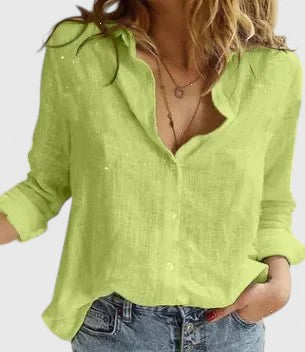 Dame Elegant Hør V-Hals Knappet Bluse