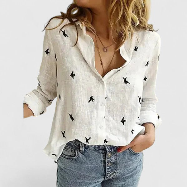 Dame Elegant Hør V-Hals Knappet Bluse