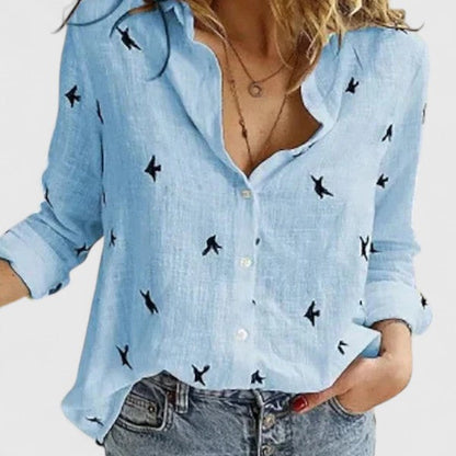 Dame Elegant Hør V-Hals Knappet Bluse