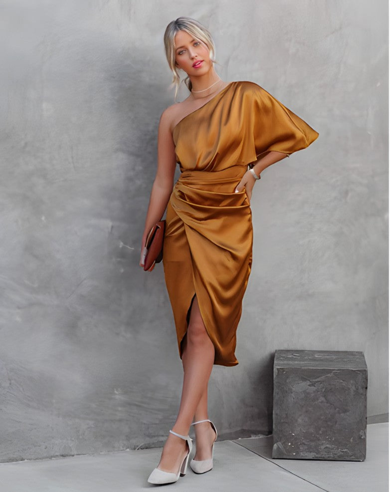 Dame Elegant Enskulder Draperet Satin Midikjole