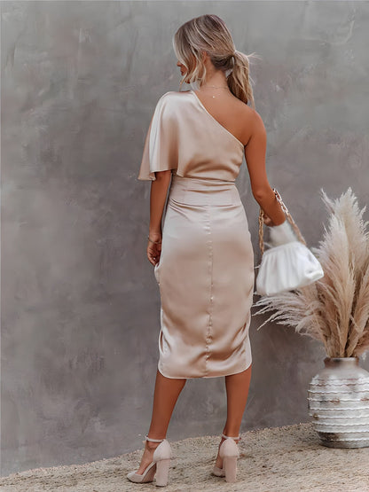 Dame Elegant Enskulder Draperet Satin Midikjole