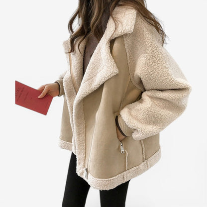 Dame Oversized Lang Jakke med Lynlås og Lomme Detaljer