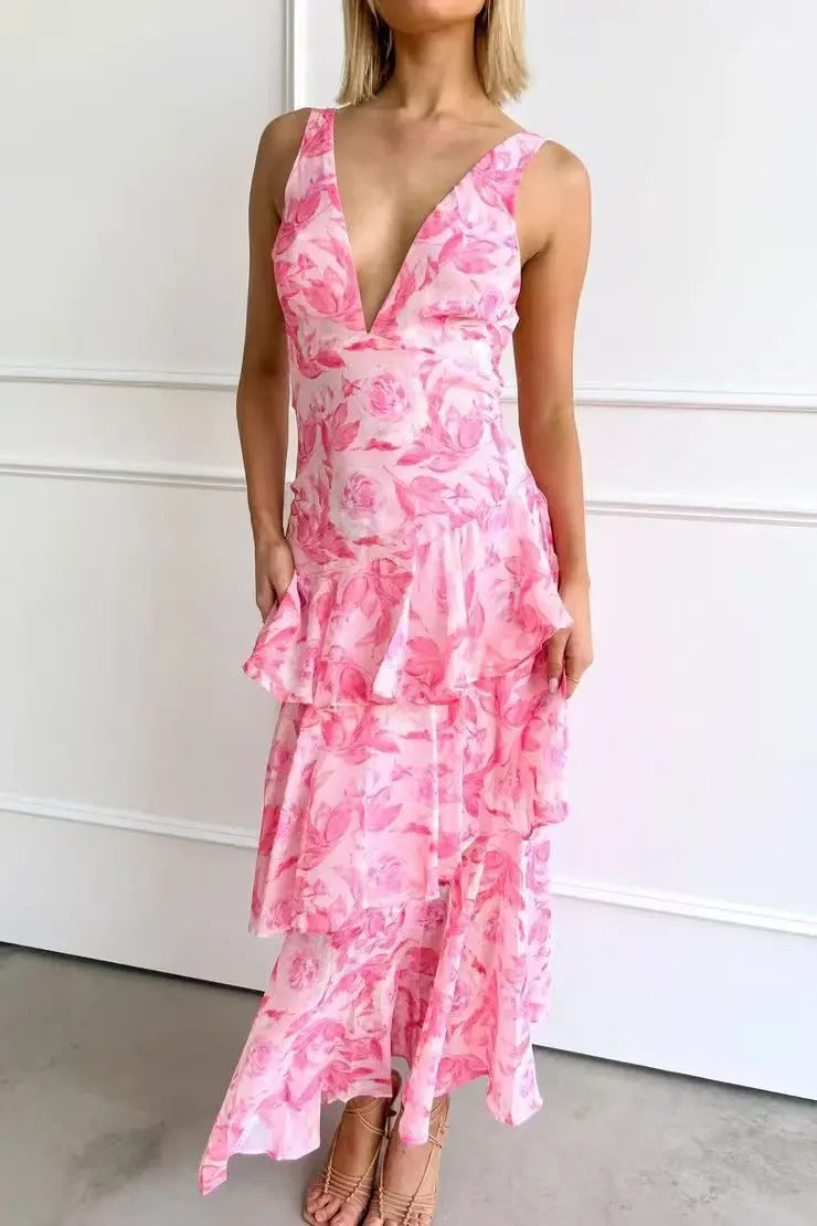 Dame Forårs Elegant Blomstret Lagdelt Sommer Maxi Kjole