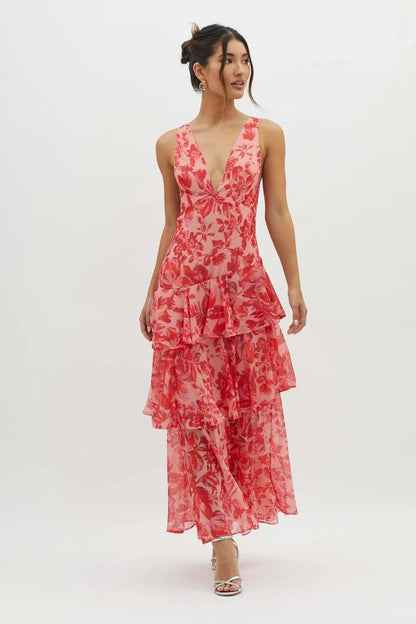 Dame Forårs Elegant Blomstret Lagdelt Sommer Maxi Kjole