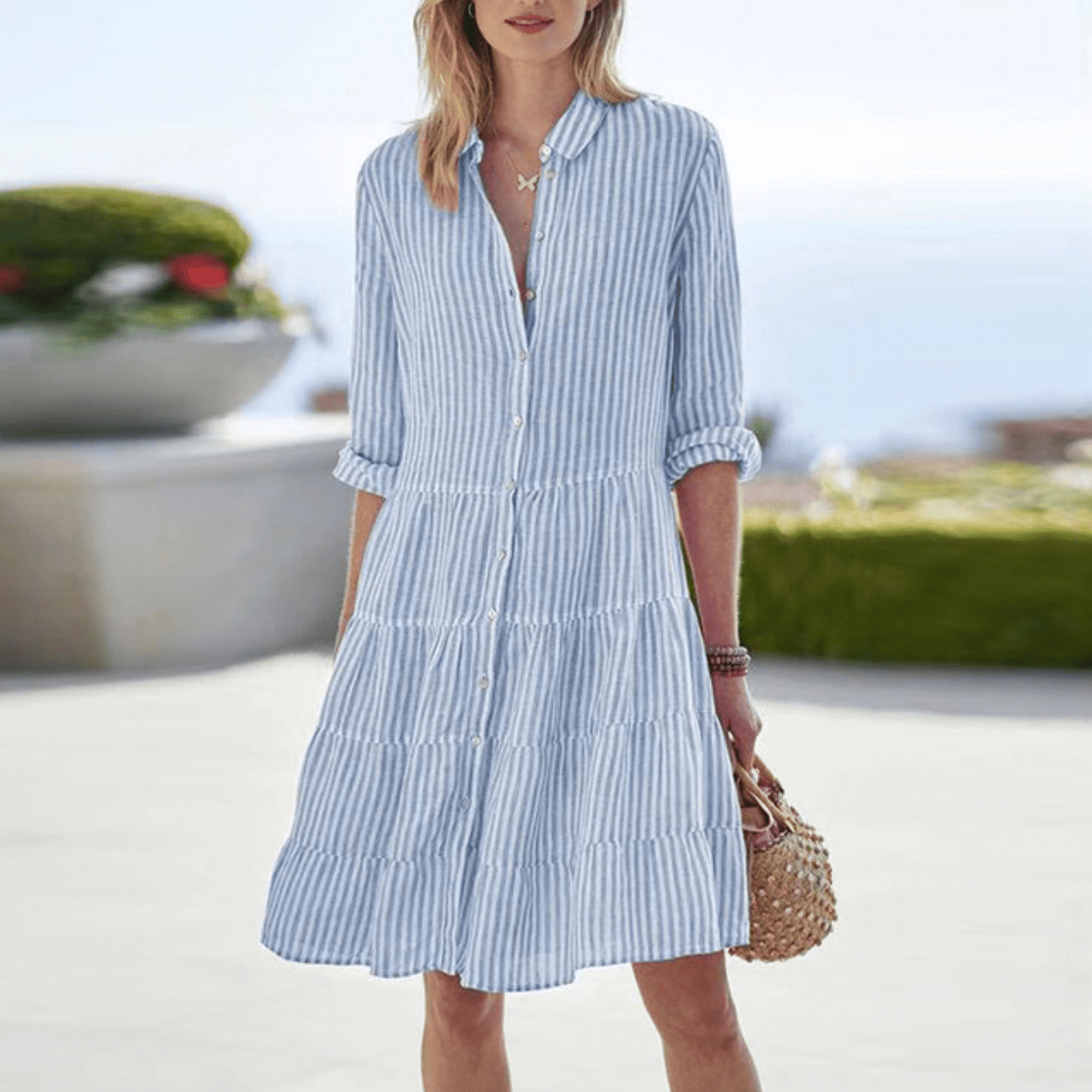 Dame Stribet Knappet Sommer Midi Kjole