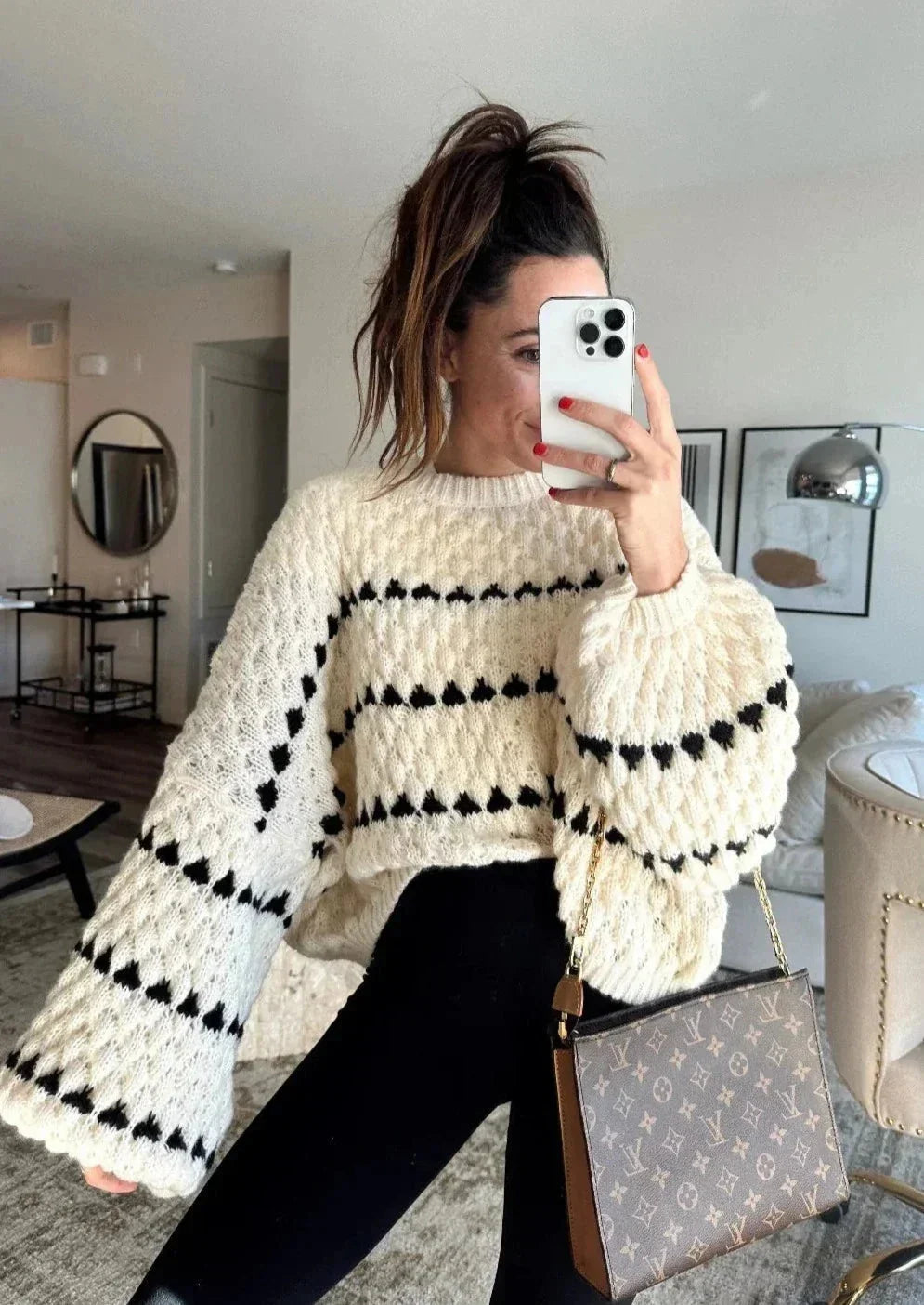 Maja | Blød Struktureret Strikbluse Med Geometrisk Print
