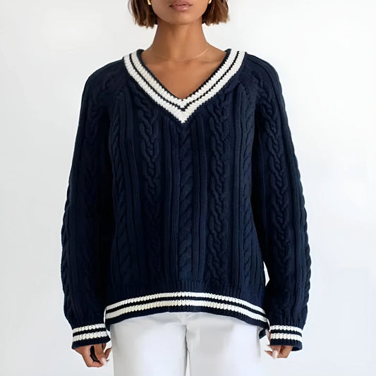 Astrid | Marineblå Oversize Kabelstrikket V-hals Sweater
