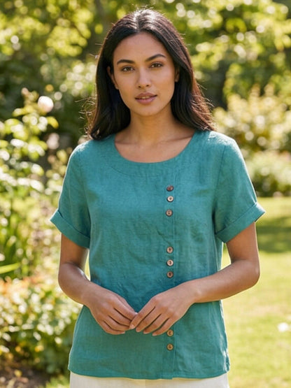 Dame Hør Rund Hals Knappet Bluse