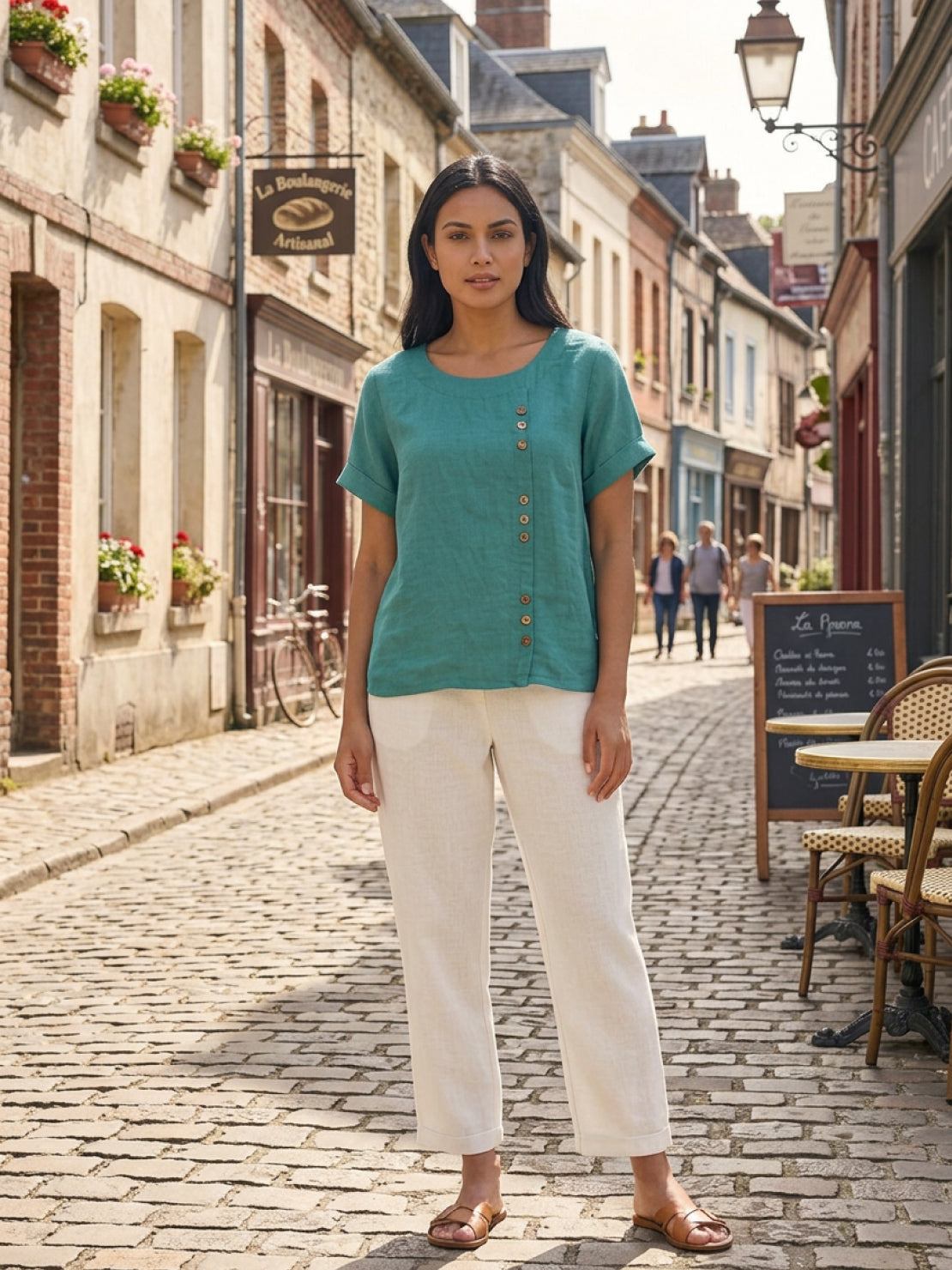 Dame Hør Rund Hals Knappet Bluse
