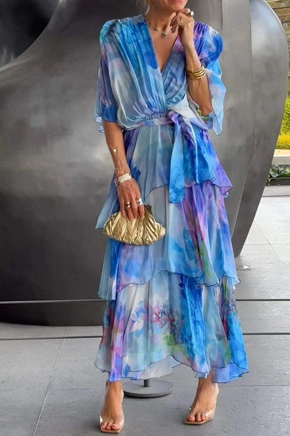 Dame Elegant Lagdelt Blomstret Maxi-kjole