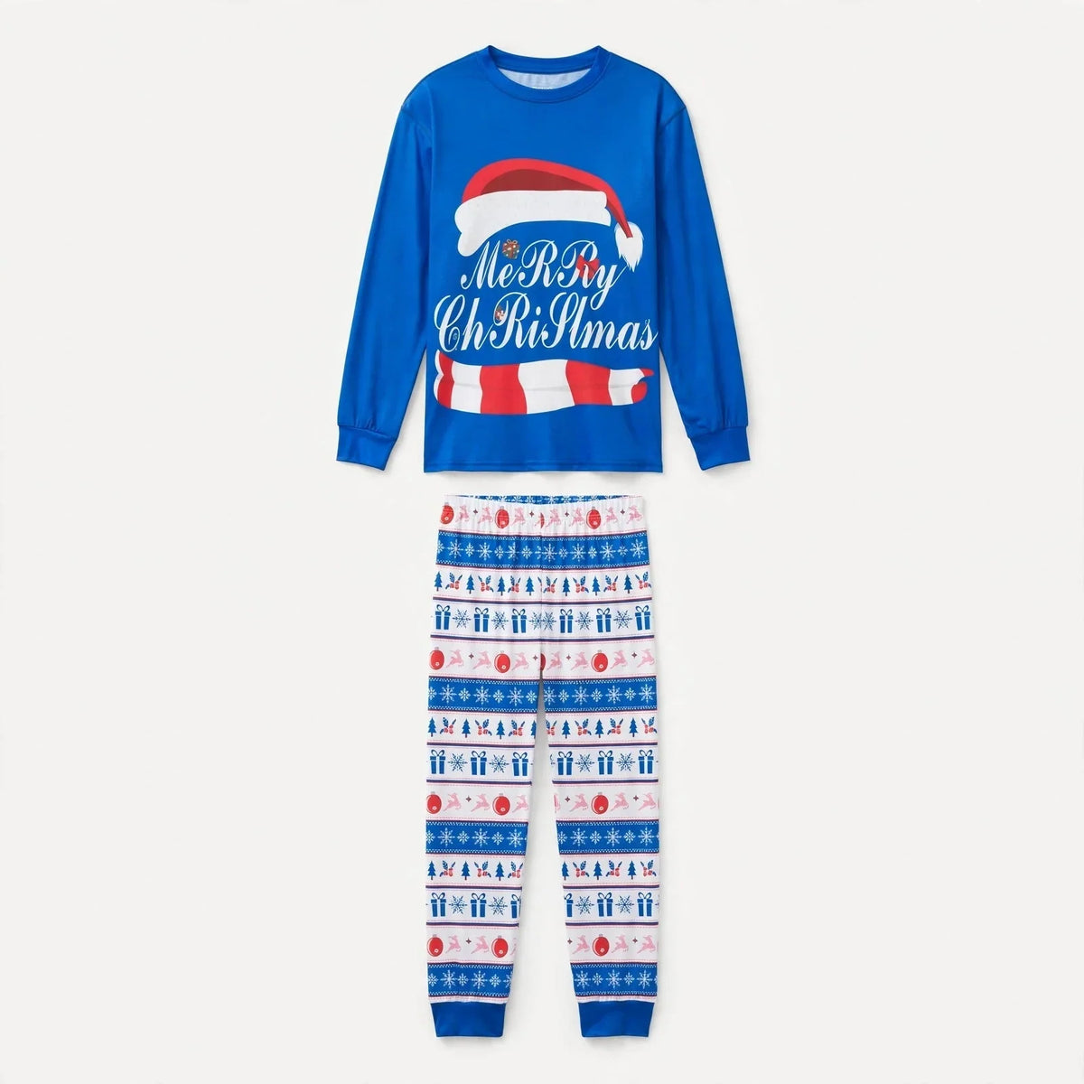 Rudolf | Julepyjamas med nissehuetryk og stribede bukser