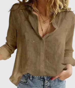 Dame Elegant Hør V-Hals Knappet Bluse