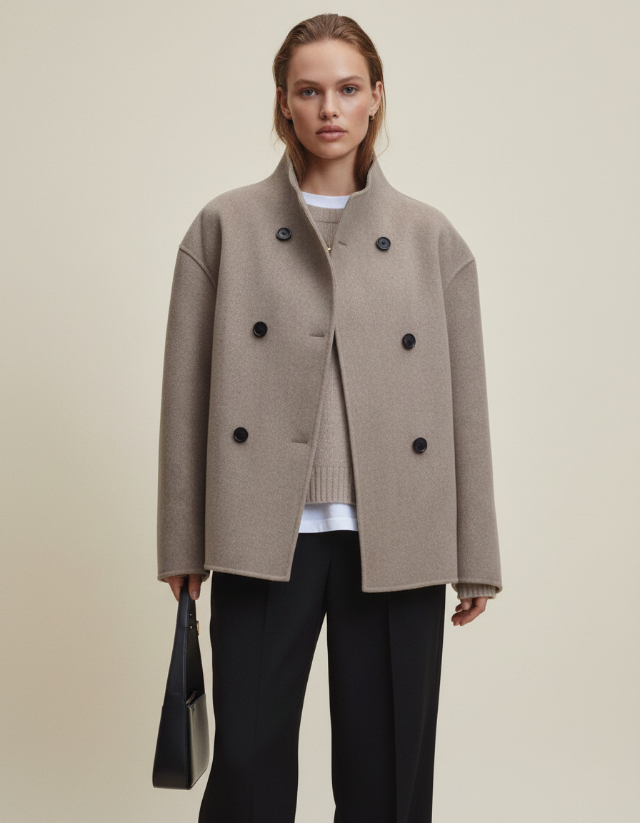Frida | Asymmetrisk langlinjet frakke med knapper i grå og khaki