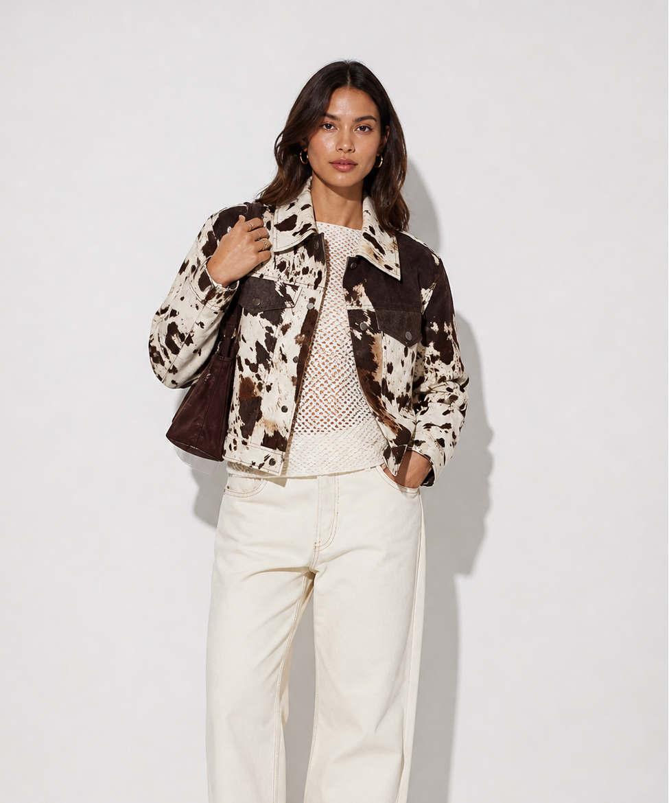 Maja | Markant jakke med ko-print i varme beige nuancer