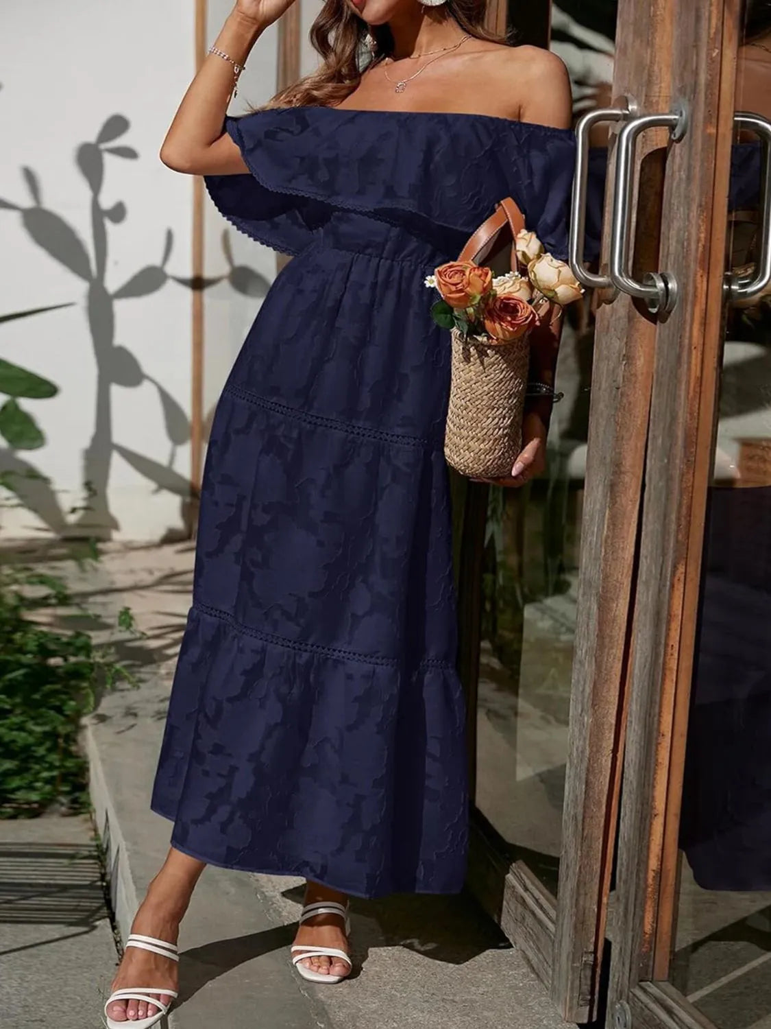 Dame Off Shoulder Lagdelt Maxi Kjole Til Bryllupsgæst