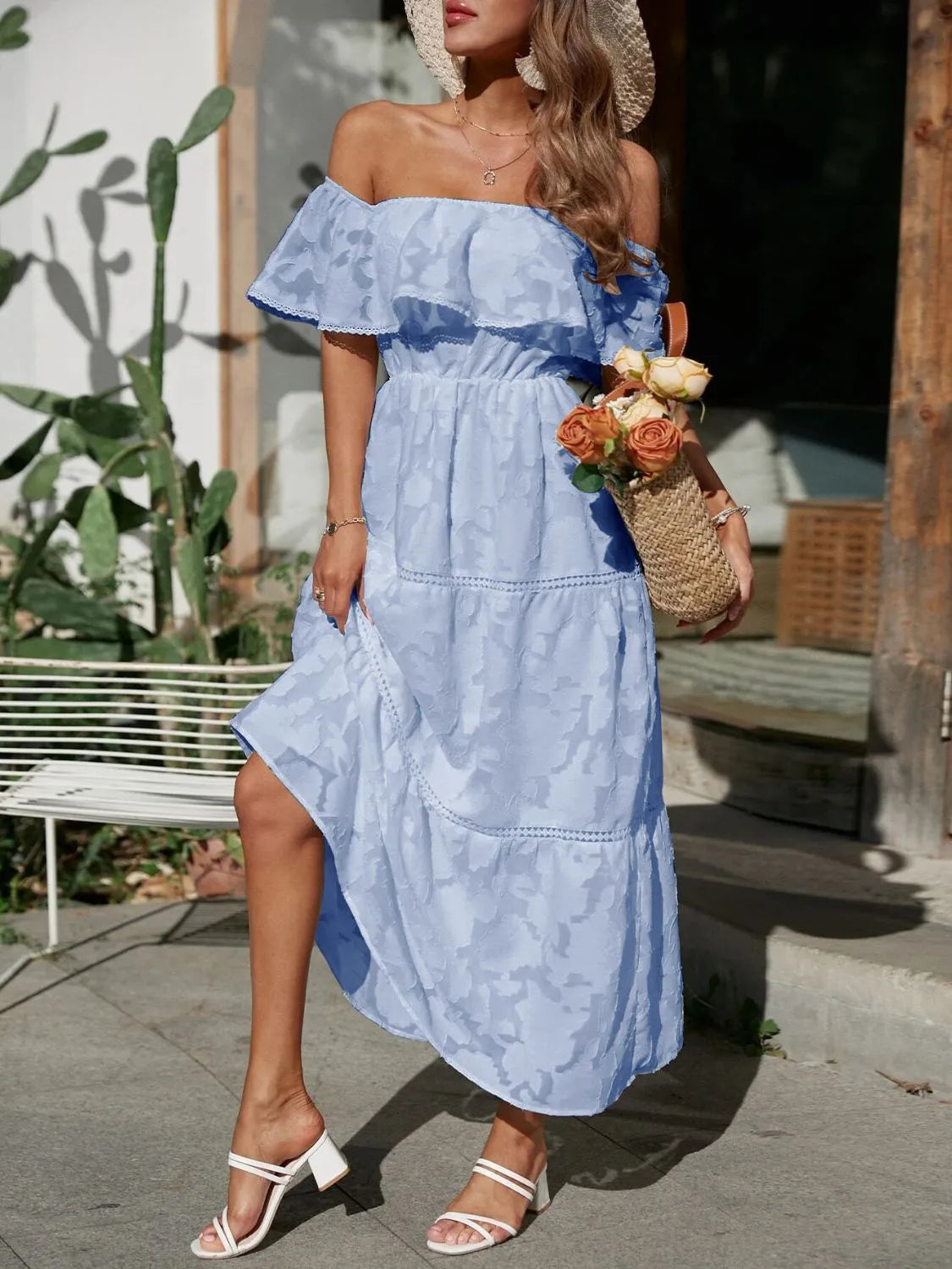 Dame Off Shoulder Lagdelt Maxi Kjole Til Bryllupsgæst