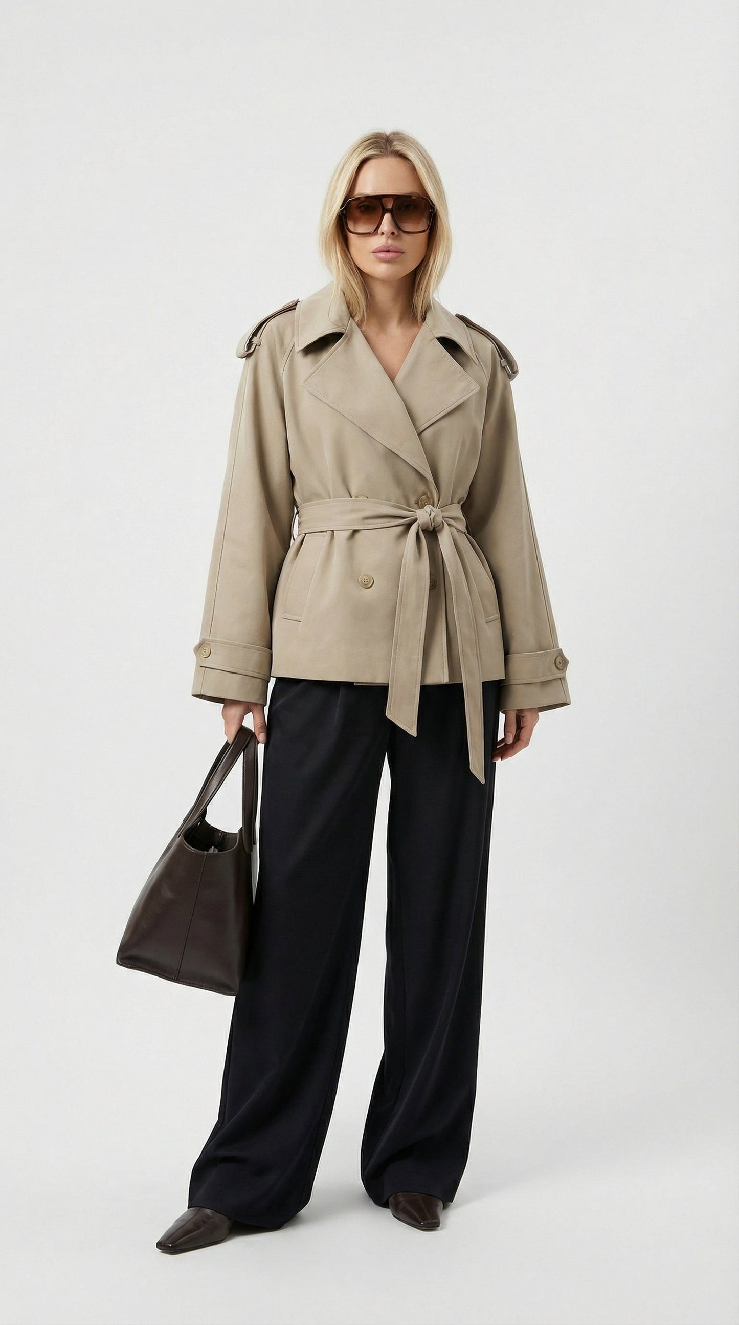 Dagny | Klassisk kort khaki trenchcoat med bindebælte til kvinder