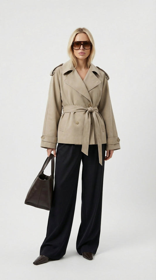 Dagny | Klassisk kort khaki trenchcoat med bindebælte til kvinder