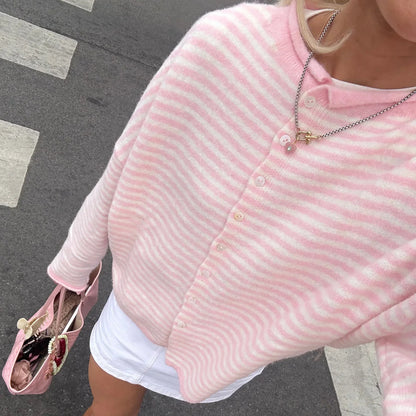 Dame Stribet Cardigan Sweater Med Knaplukning Foran