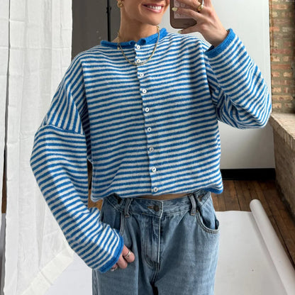 Dame Stribet Cardigan Sweater Med Knaplukning Foran
