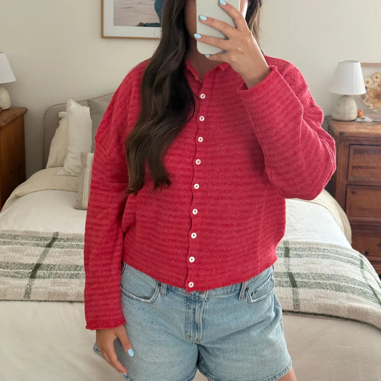 Dame Stribet Cardigan Sweater Med Knaplukning Foran