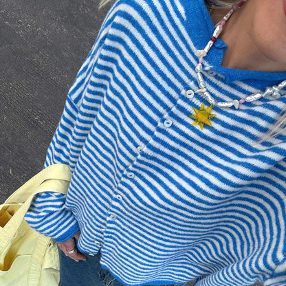 Dame Stribet Cardigan Sweater Med Knaplukning Foran