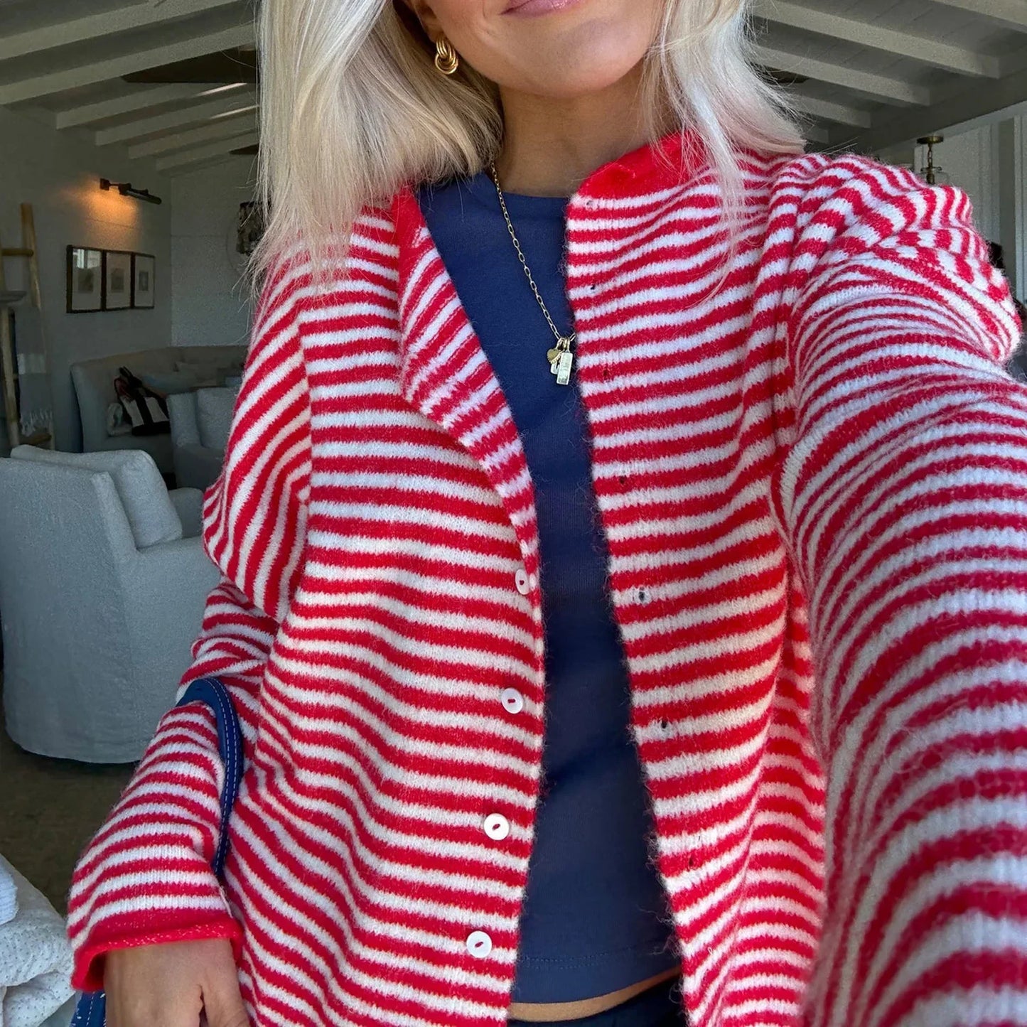 Dame Stribet Cardigan Sweater Med Knaplukning Foran